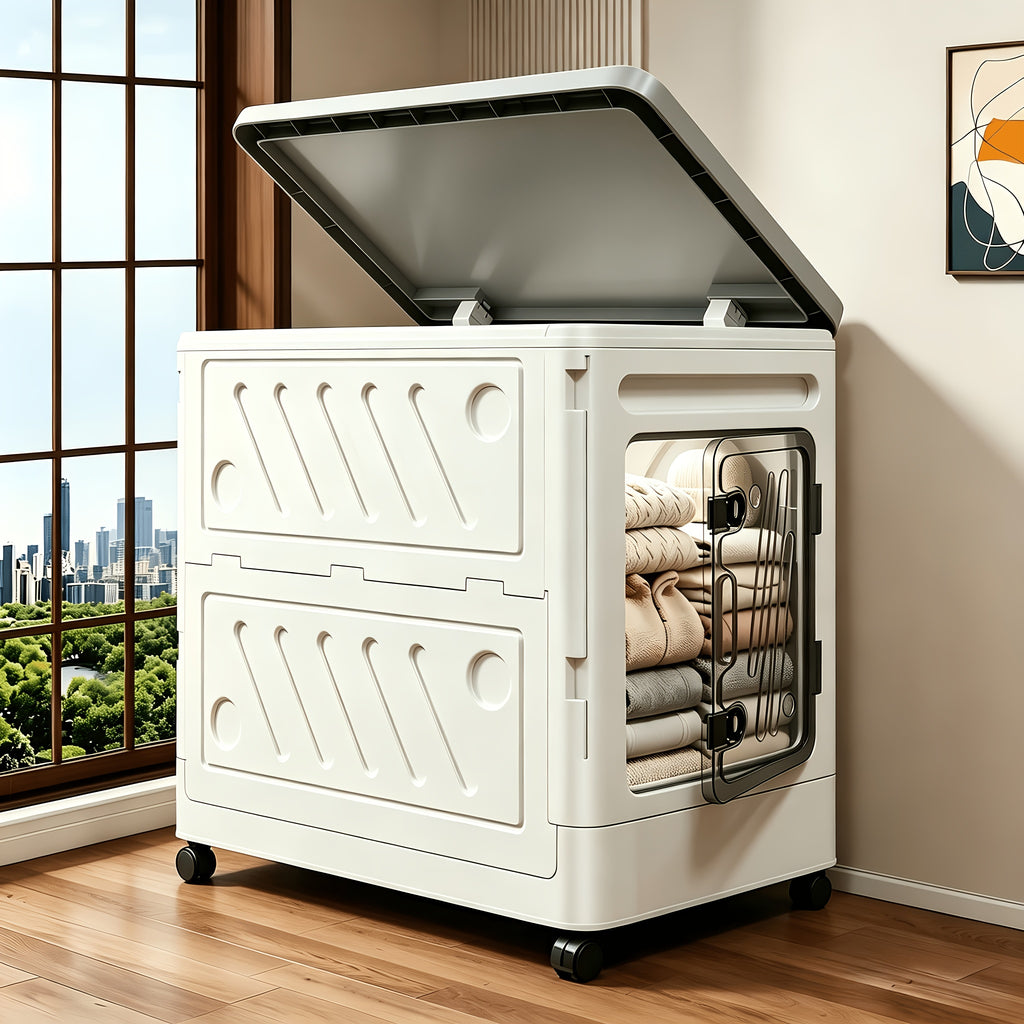 Oversized Clamshell Storage Box with Wheels 32 & 18 Gallon Large Capacity Folding Storage Cabinet Wardrobe Organizer for Clothing Bedding – Rolling Portable Closet Storage Bin with Universal Wheels