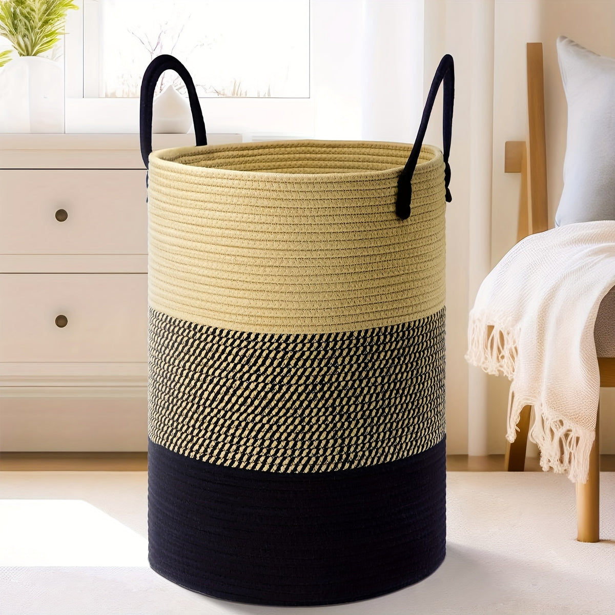 Collapsible Woven Rope Laundry Basket & Hamper - 4 Sizes (12-26 Gal), Cotton Rope Storage Basket for Dirty Clothes, Blankets & Toys, Boho Bathroom Nursery & Living Room Decor