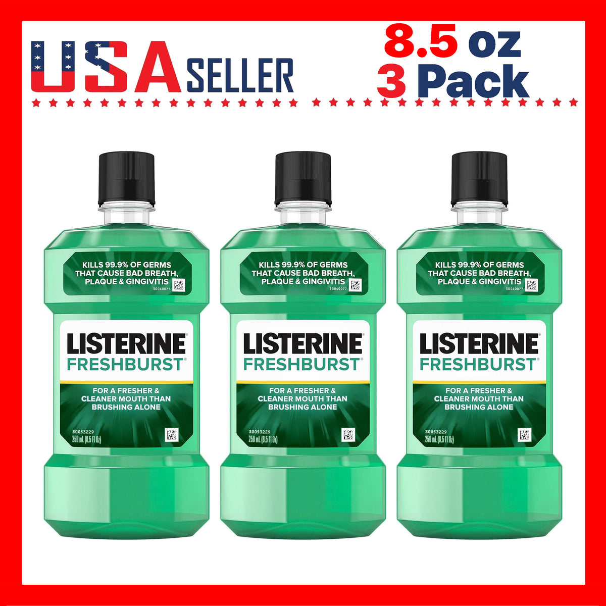 Listerine Fresh Burst Mouthwash 250ml 3 Pack - Fresh Mint Oral Rinse Long Lasting Breath Freshness Deep Clean Plaque Reduction Travel Size