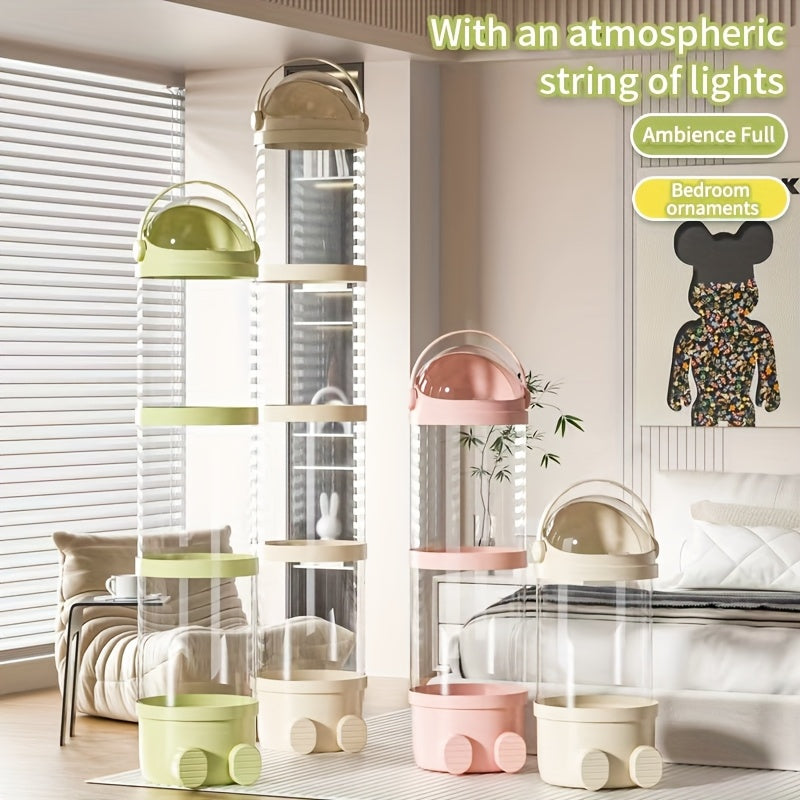Plush Toy Storage Bucket 4-Layer Transparent Plastic with Waterproof Lid Stuffed Animal Doll Organizer Kids Room Living Room Decor Green Cream