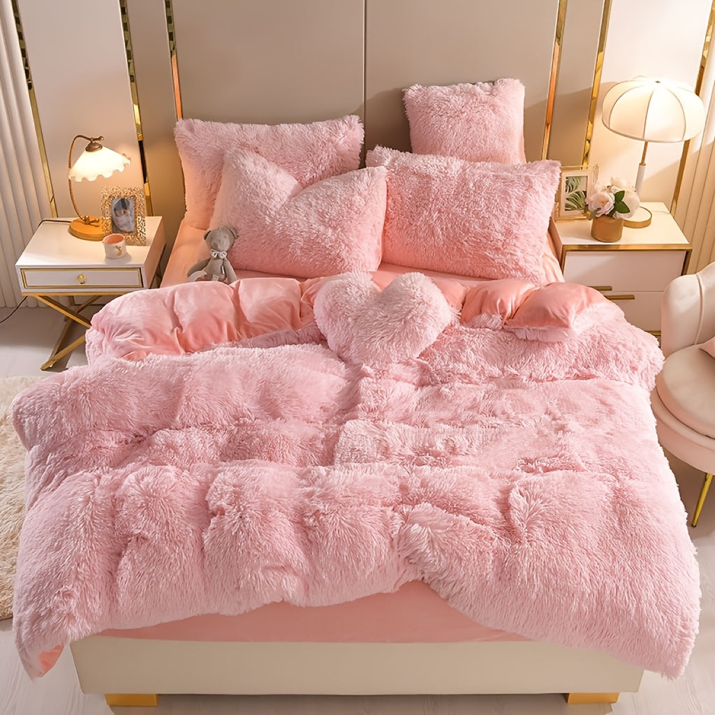 Luxury Fluffy Plush Bedding Set – Soft Duvet Cover, Pillowcases & Throw Pillow, Queen/King, All-Season