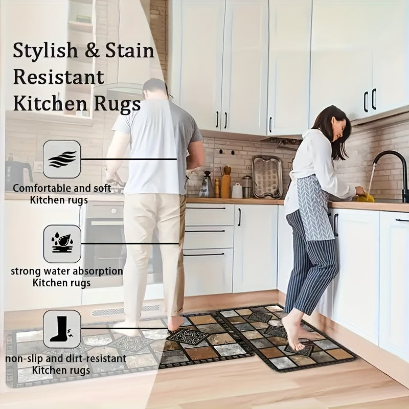 Diatomaceous Earth Kitchen Floor Mats 2-Piece Set – Vintage Plaid Absorbent Non-Slip Fast-Drying Rugs for Kitchen, Bathroom & Hallway