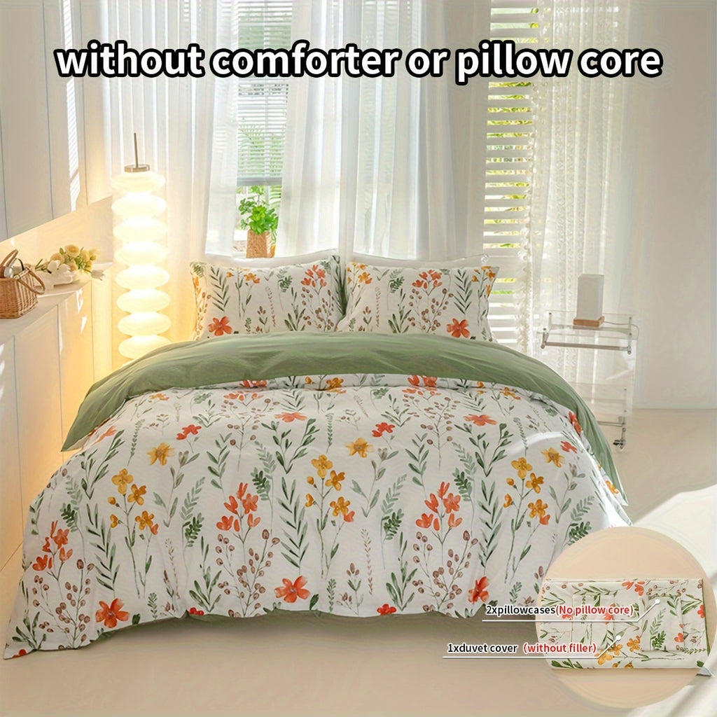 Floral Duvet Cover Set 3-Piece Soft Breathable Polyester – Flowers & Plants Print Comforter Cover with Zip Closure, Twin Full Queen King Bedding Set No Insert
