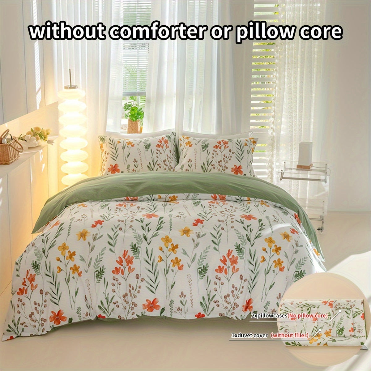 Floral Duvet Cover Set 3-Piece Soft Breathable Polyester – Flowers & Plants Print Comforter Cover with Zip Closure, Twin Full Queen King Bedding Set No Insert