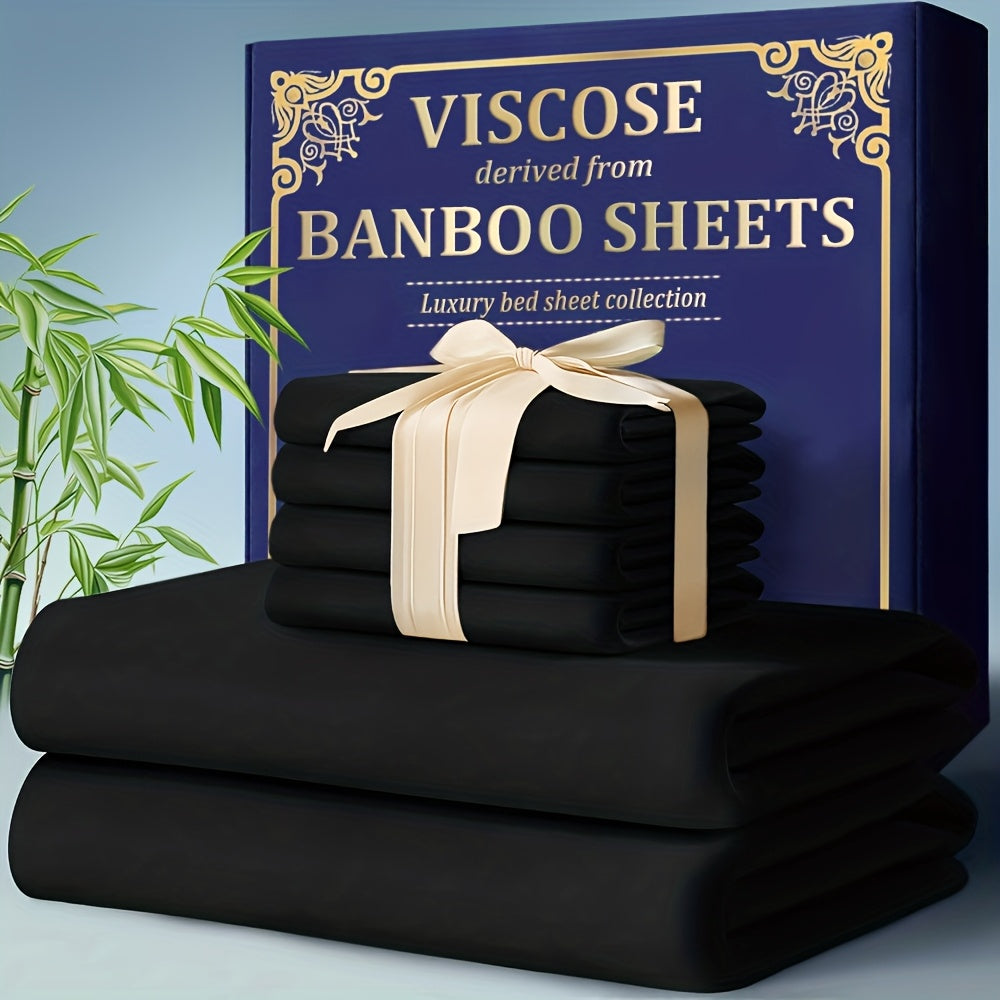 Bamboo Cooling Bed Sheet Set 4 Pcs - 2300TC Ultra Soft Breathable Deep Pocket Fitted Sheet Flat Sheet Pillowcases, Shrink Resistant All Season Bedding for Twin Full Queen King
