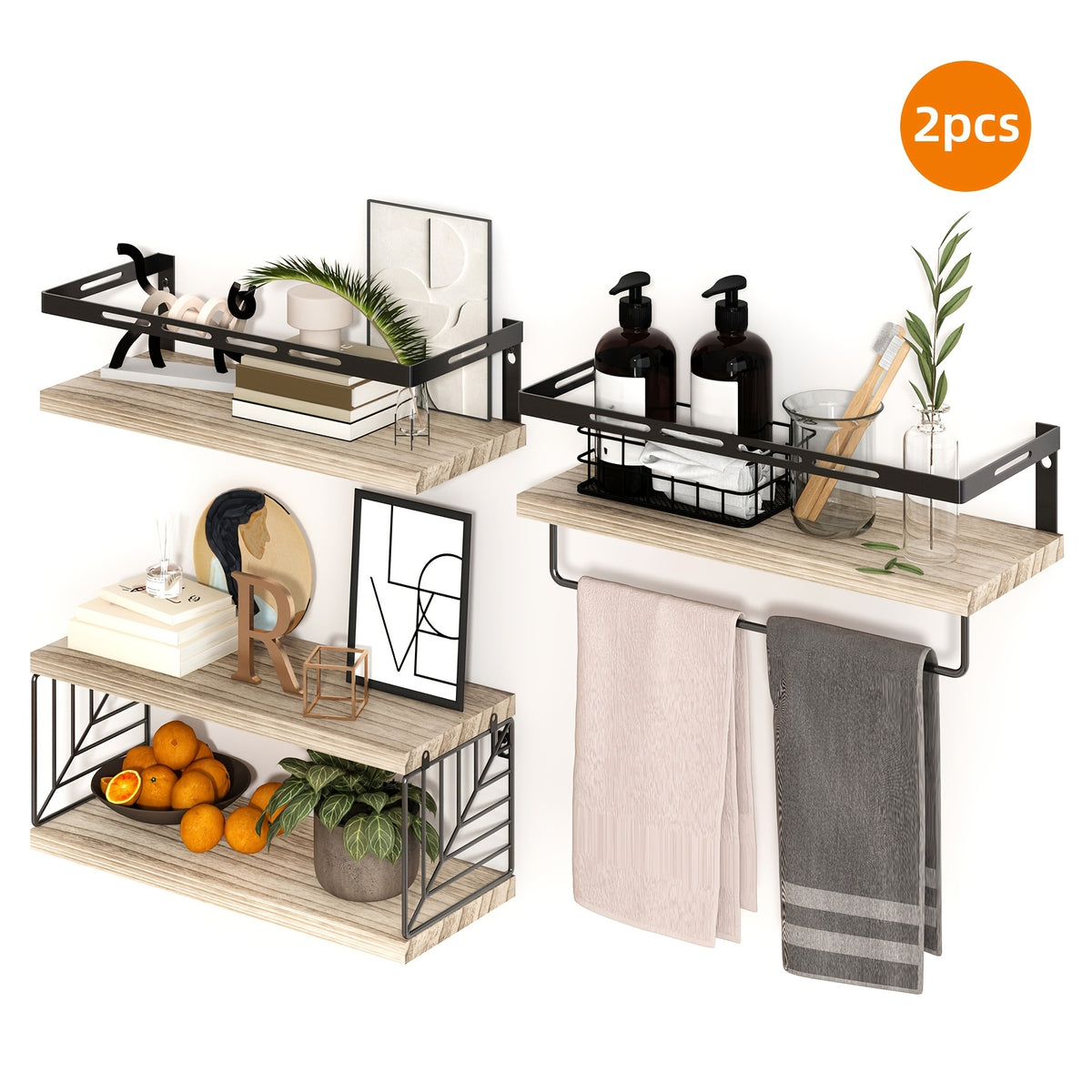 Wall Mounted Shelf 3+1 Tier with Black Metal Guardrails and Storage Baskets Space Saving Floating Shelves for Kitchen Bathroom Bedroom Living Room Home Decor