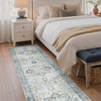 Vintage Retro Area Rug – Machine Washable Non-Slip Low Pile Chenille Print Carpet for Living Room, Bedroom, Dining Room & Home Office, Blue, Multiple Sizes