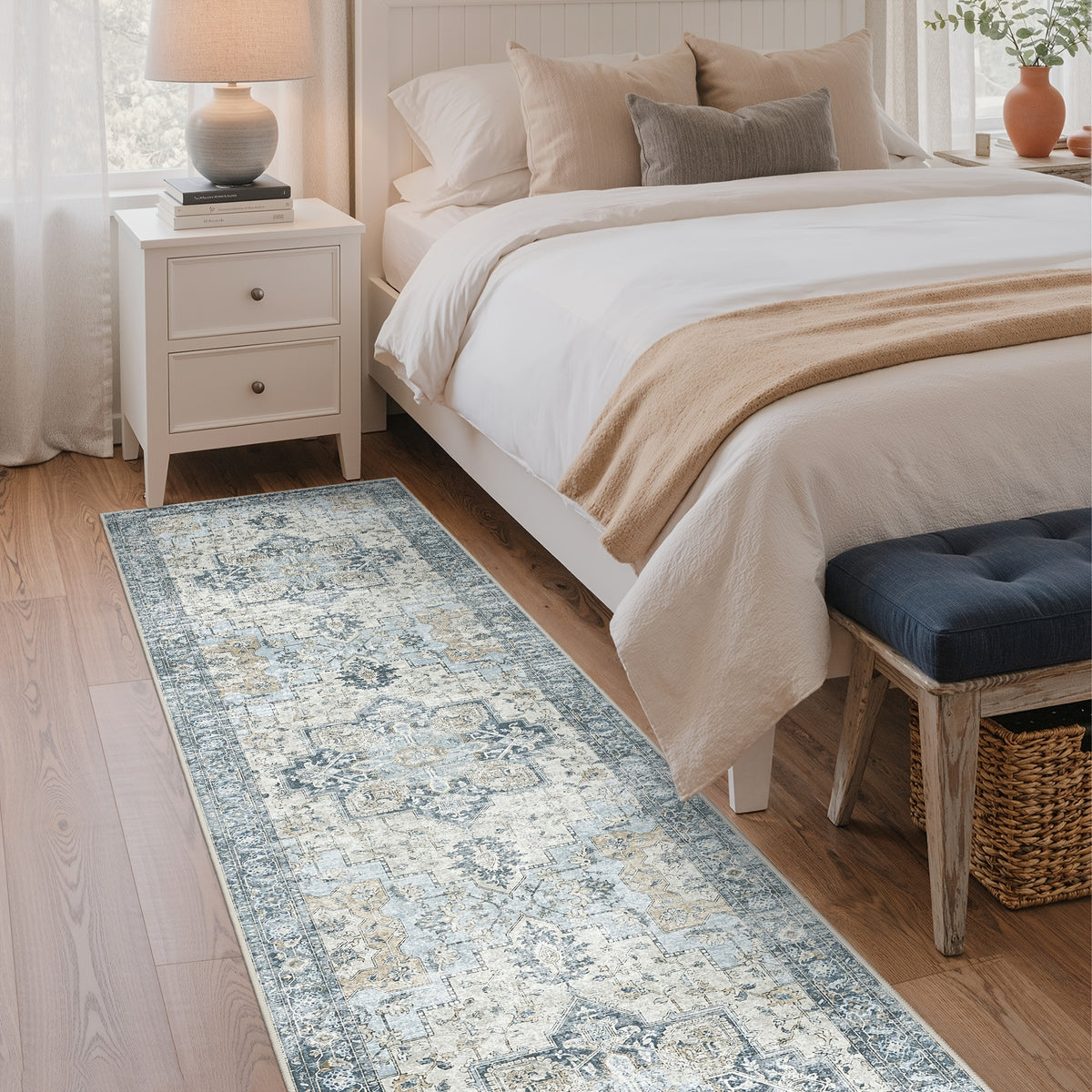 Vintage Retro Area Rug – Machine Washable Non-Slip Low Pile Chenille Print Carpet for Living Room, Bedroom, Dining Room & Home Office, Blue, Multiple Sizes
