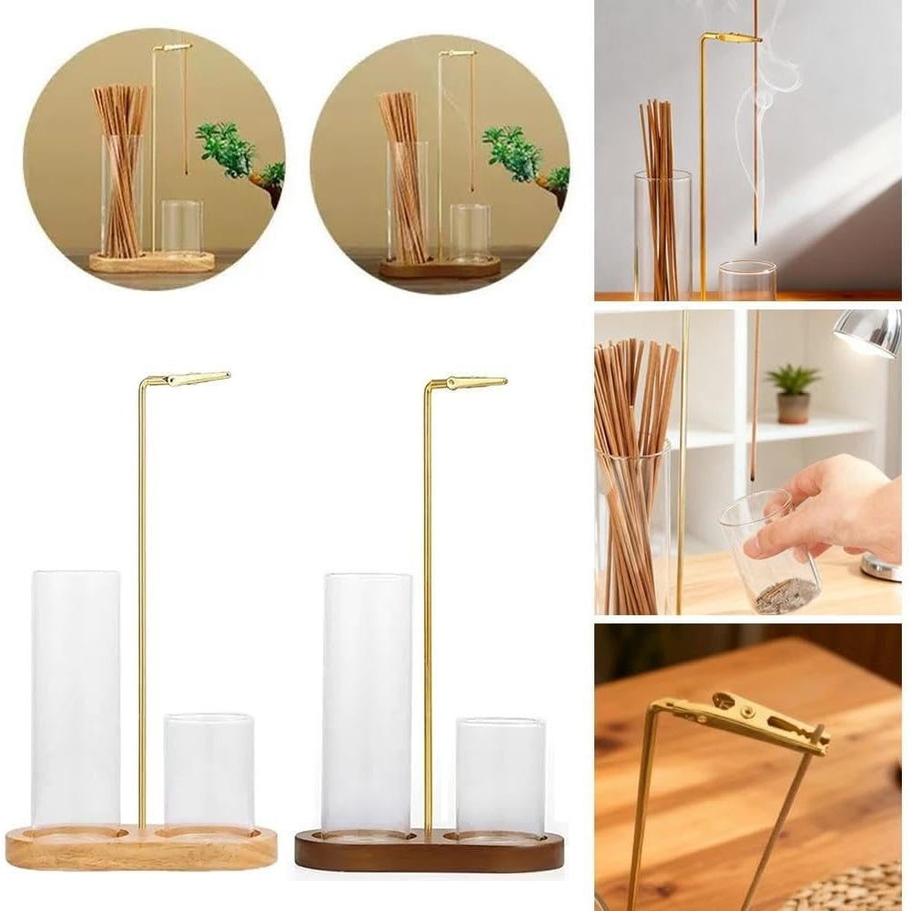 4-Piece Minimalist Glass Incense Holder Set with Wooden Base – Transparent Zen Style Ash Catcher for Yoga, Meditation & Home Decor