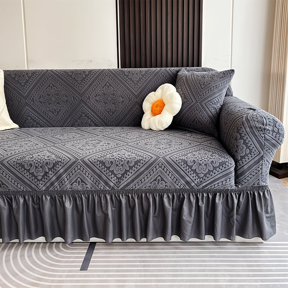 Velvet Jacquard Sofa Slipcover Grey Ruffle Detail Non-Slip Dustproof Stretch Machine Washable All-Season 1 2 3 4 Seater L-Shape Compatible Luxury Couch Cover
