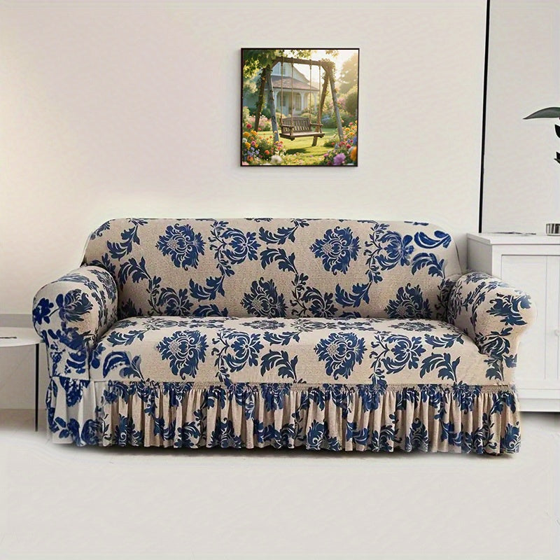 High-Stretch Print Sofa Cover with Non-Slip Fixed Rod All-Season Snug-Fit Couch Slipcover – Stable, Beautiful & Practical Furniture Protector for Living Room, Skirt Style Design
