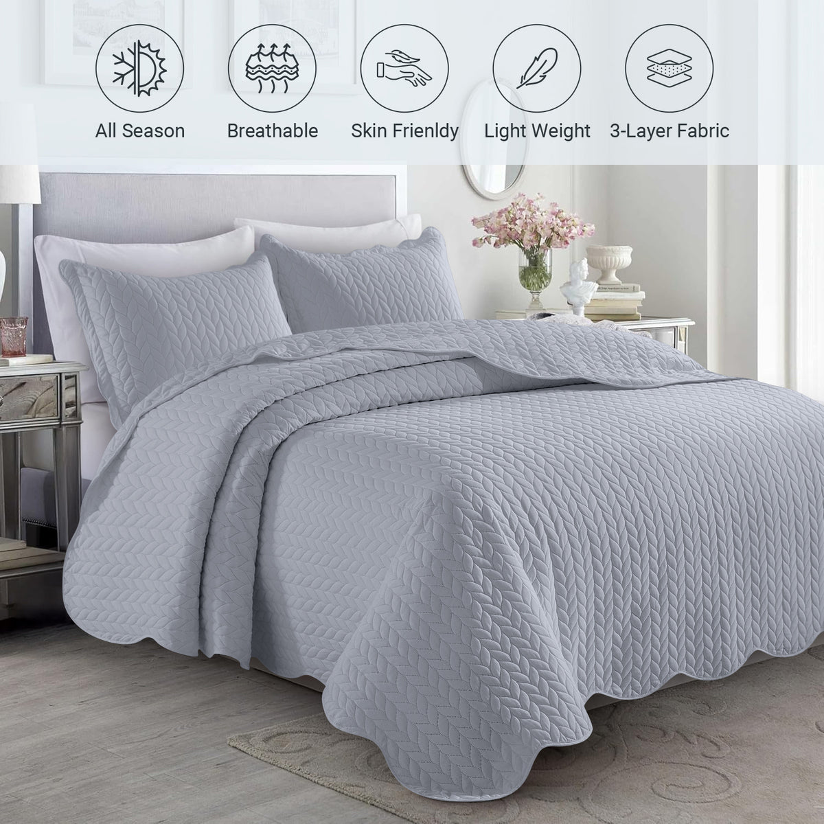 Microfiber Quilt Bedspread Set All Season Lightweight – Soft Breathable Quilted Coverlet Twin Full Queen King 16 Colors Machine Washable