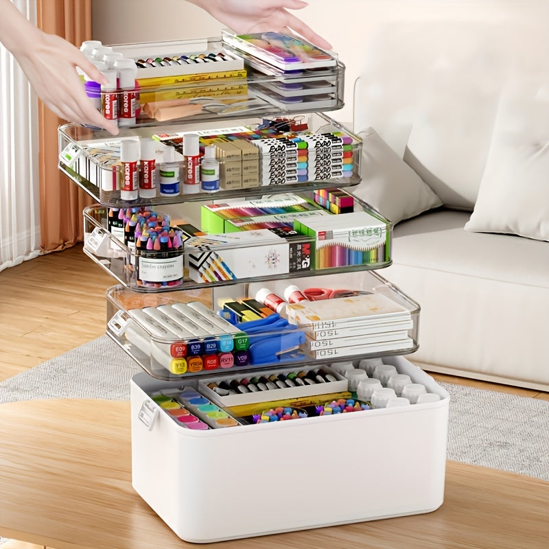 Multilayer Storage Box Large Capacity Transparent Portable Organizer with Handle and Detachable Lid Compartment for Medicine Home Travel Office Sewing Art Supplies 3 or 5 Tier