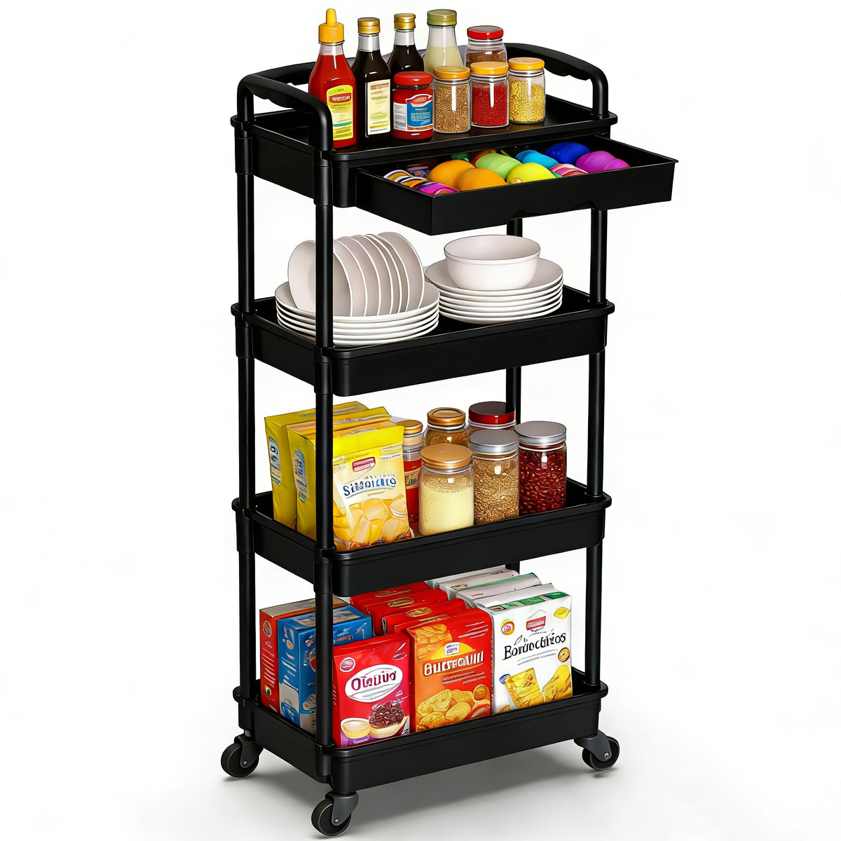 3/4-Tier Rolling Storage Cart with Drawers – Plastic Organizer with Lockable Wheels, Cup Holder & Hooks | Kitchen, Bathroom, Bedroom & Laundry Room