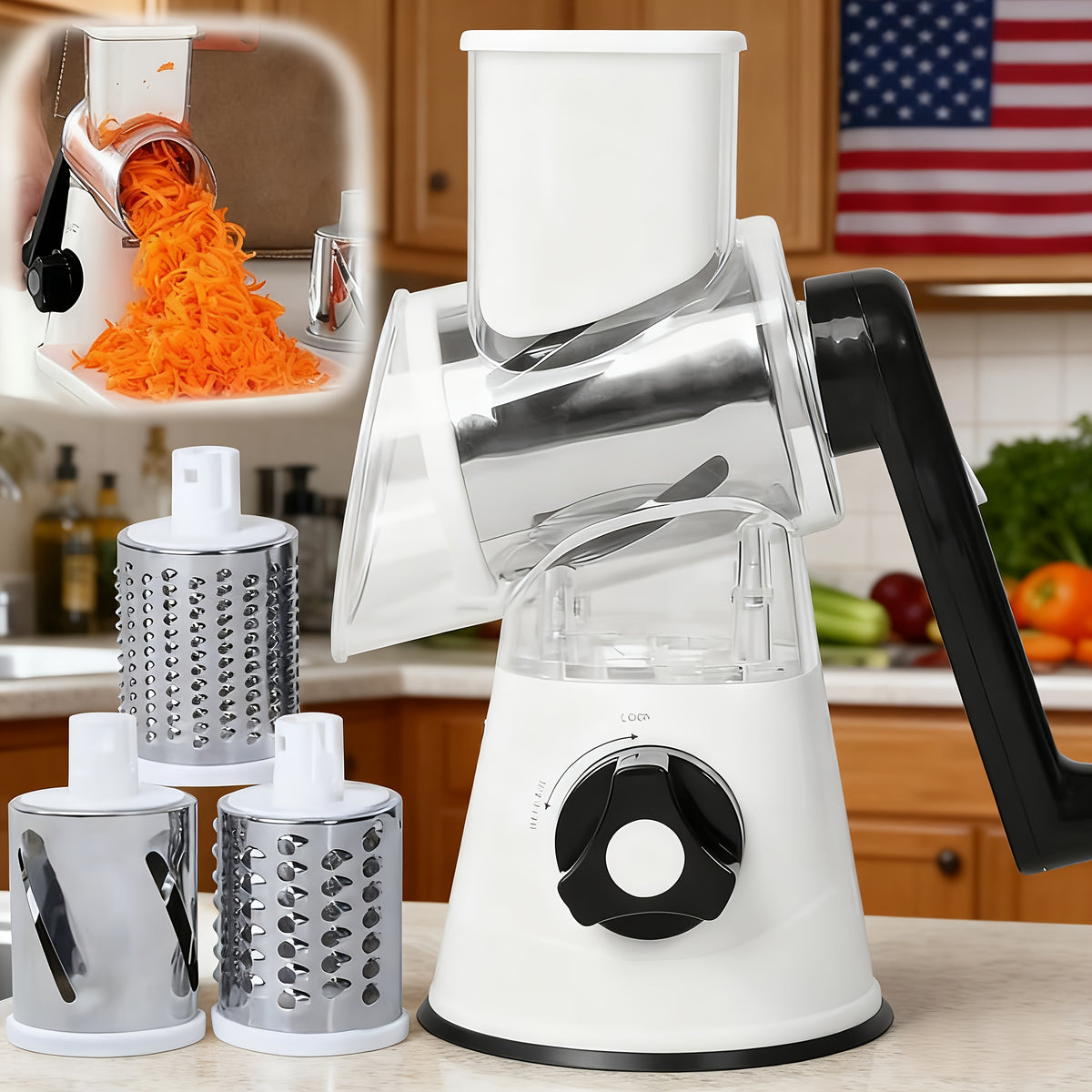 3-in-1 Manual Rotating Cheese & Vegetable Slicer with Interchangeable Drum – Handheld Stainless Steel Grater, Peeler & Chopper for Potatoes, Carrots, Cheese | Camping & Kitchen Use