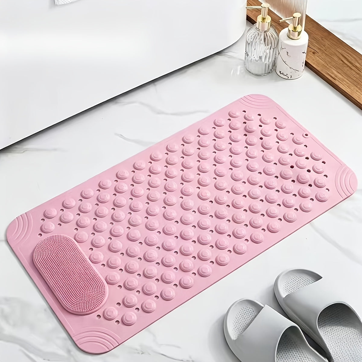 Non-Slip PVC Bath Mat with Massage Buttons, Polka Dot Pattern Shower Safety Mat, 0.35" Thick Rectangular Bathroom Mat – Dark Gray & Green