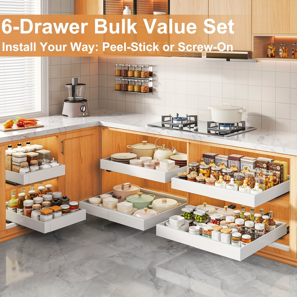 Pull Out Cabinet Organizer Shelf – Expandable Sliding Storage Drawer, Heavy Duty Carbon Steel, No Drill Under Sink Basket for Kitchen, Bathroom & Laundry, 2/4/6 Pack