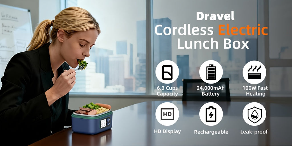 Cordless Electric Heating Lunch Box 1.5L/50.72oz - 304 Stainless Steel, 24000mAh Rechargeable Battery, Adjustable Temp & Timer, Office Picnic Car Travel, Fork Spoon Divider Included, Black White Yellow Blue