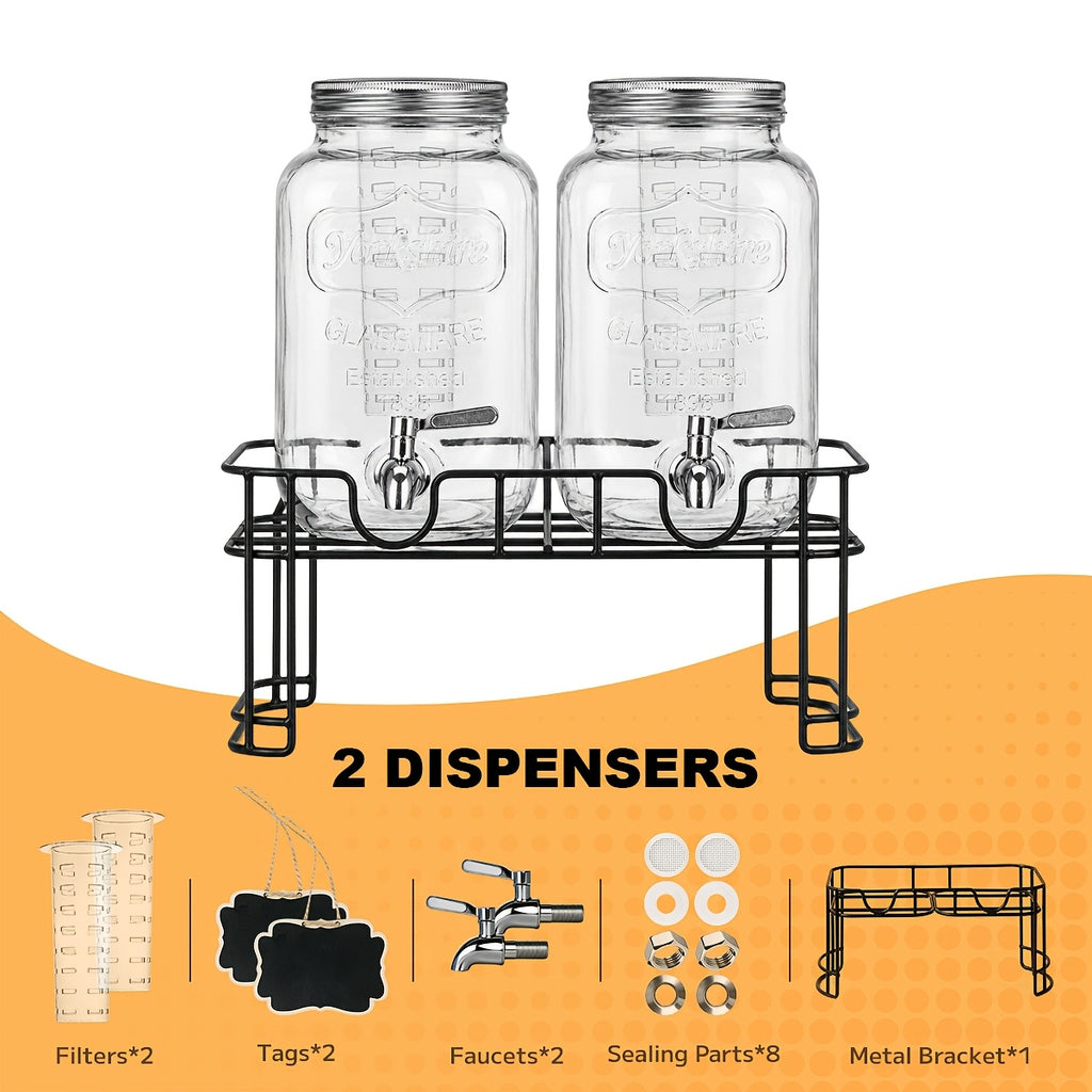 2-Pack Glass Beverage Dispenser with Fruit Infuser, Ice Cylinder & Stainless Steel Spigot – 1 Gallon Lemonade Drink Dispenser for Parties, BBQ, Weddings & Picnics