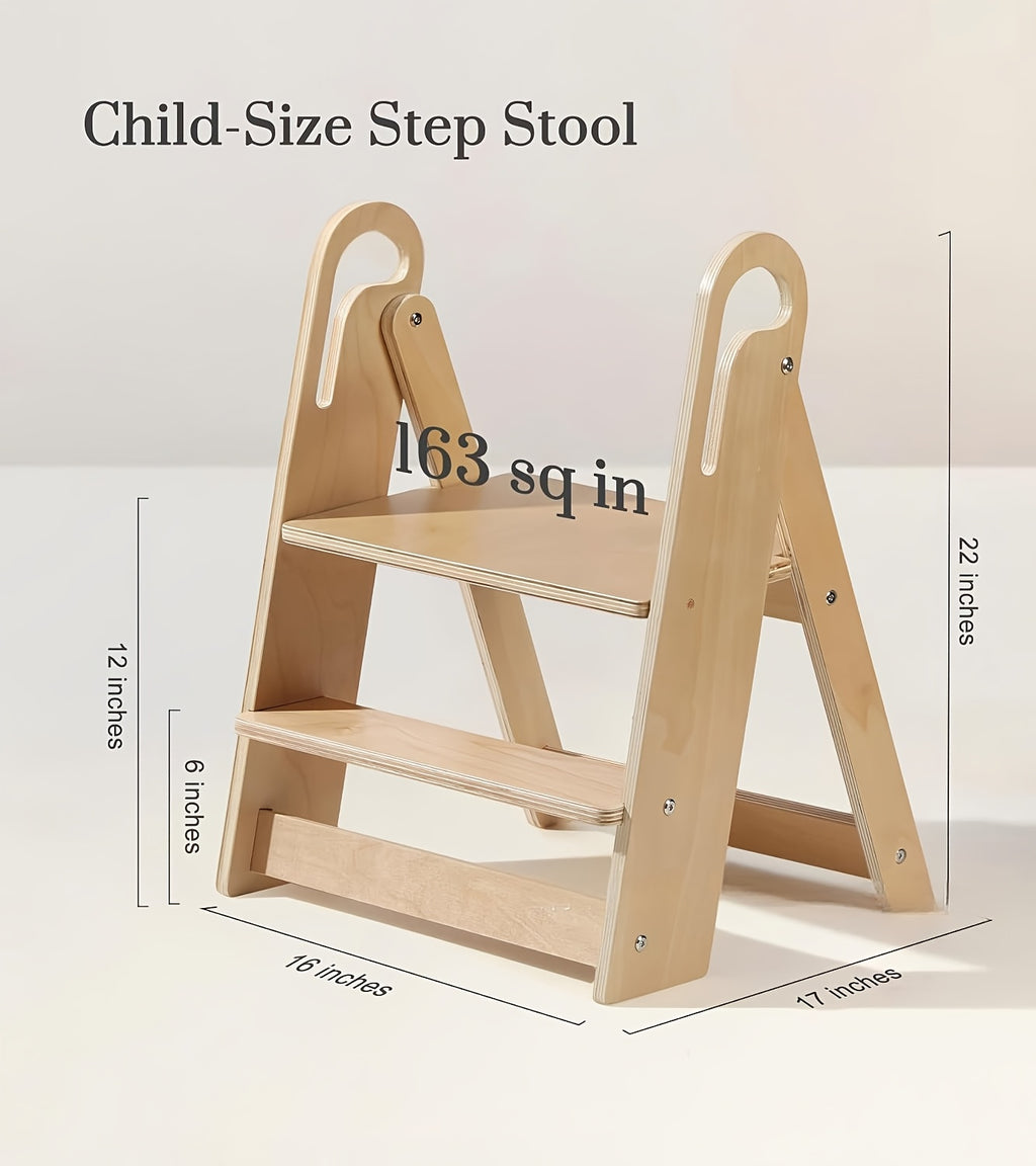 Kids Step Stool Foldable Anti-Slip Double Tier with Handle – Natural Wood Finish Children's Step Stool for Bathroom, Kitchen, Bedroom & Countertops
