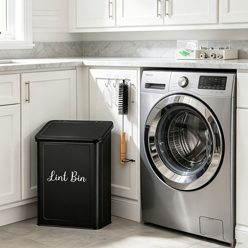 Magnetic Lint Bin for Laundry Room – Wall Mount Metal Dryer Lint Holder Trash Can with Lid, Laundry Organization, White