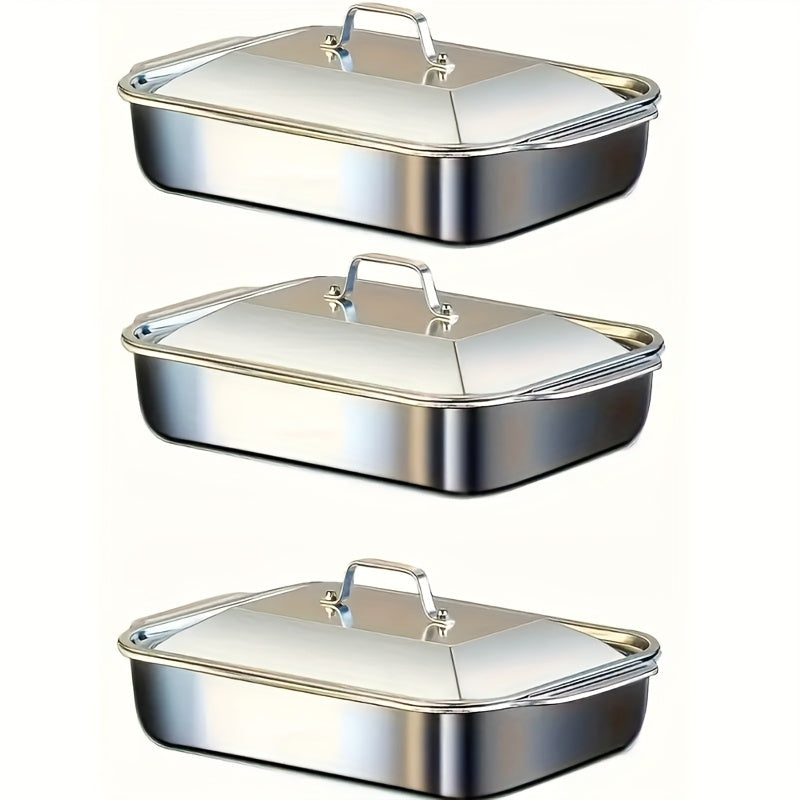 Nonstick Rectangular Baking Pans Set of 3 Stainless Steel with Lids – BBQ Roasting Pans for Outdoor Cooking, Holiday Entertaining & Self-Service Buffets