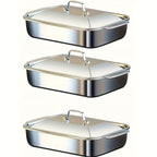 Nonstick Rectangular Baking Pans Set of 3 Stainless Steel with Lids – BBQ Roasting Pans for Outdoor Cooking, Holiday Entertaining & Self-Service Buffets