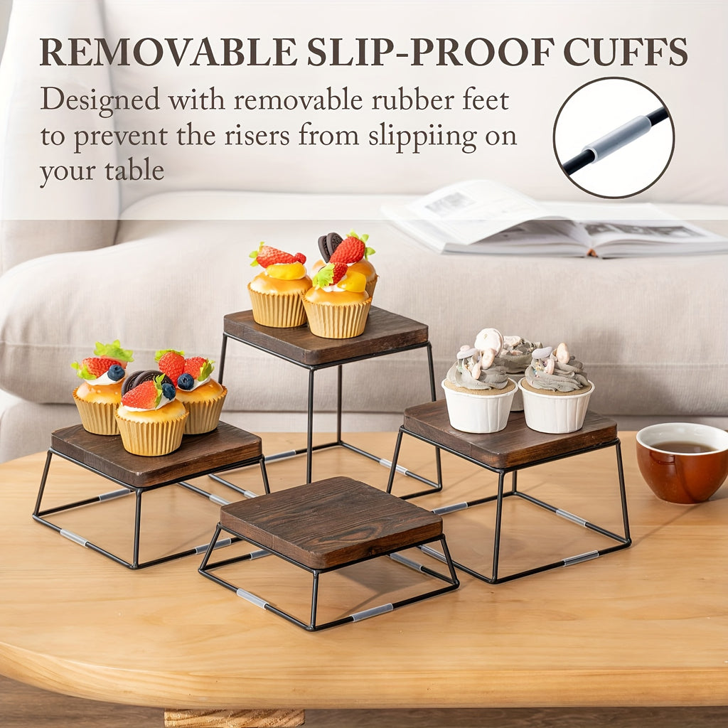 Set of 4 Square Wooden Cake Stands with Metal Wire Bases – Dessert Display Stands for Cupcakes, Appetizers & Party Serving