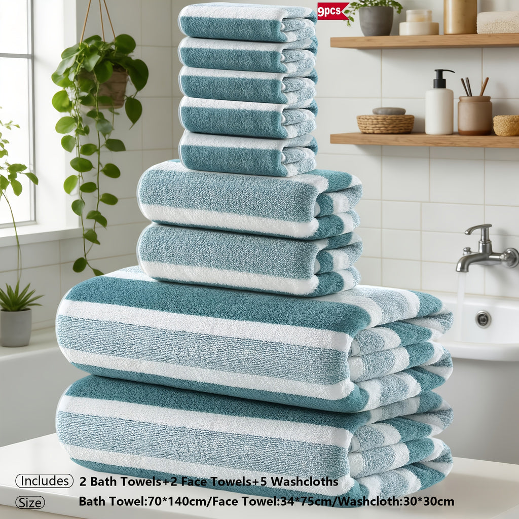 Classic Striped Bath Towel Set – 9 or 15 Piece No-Hair-Loss Super Absorbent Two-Color Towel Bundle | Large Bath Towels, Face Towels & Hand Towels for Bathroom & Beach