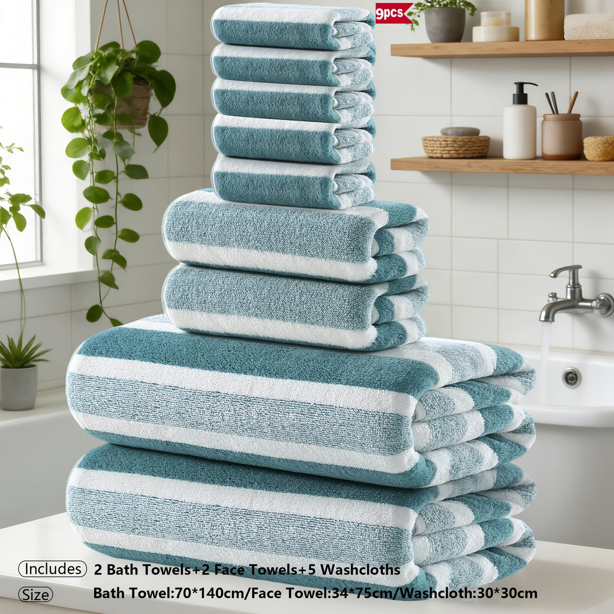 Classic Striped Bath Towel Set – 9 or 15 Piece No-Hair-Loss Super Absorbent Two-Color Towel Bundle | Large Bath Towels, Face Towels & Hand Towels for Bathroom & Beach