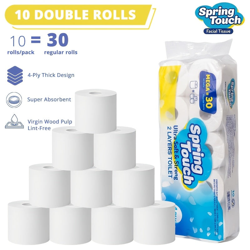4-Ply Ultra-Soft Toilet Paper Bulk Rolls - Virgin Wood Pulp, Thick & Strong, No Flakes, Gentle on Skin, 10 / 20 / 30 Roll Packs for Home, Office & Hotel Bathrooms