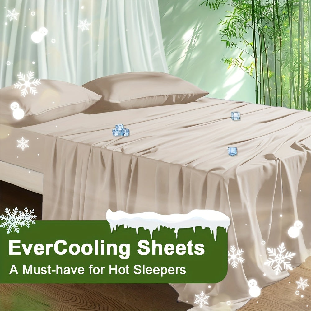Cooling Bamboo Bed Sheet Set 4-Piece - Soft Lightweight Breathable Deep Pocket 16" Fitted Sheet, Flat Sheet & 2 Pillowcases, Machine Washable Summer Bedding, Twin Full Queen King, 12 Colors