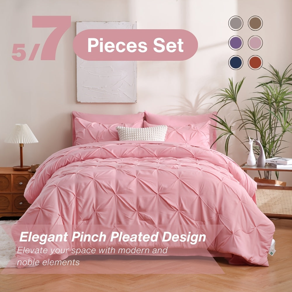 5/7pcs Pintuck Bed In A Bag Comforter Sets, Pinch Pleat Complete Bedding Sets with Comforter, Sheets & Pillowcases, Queen/King Size, All Season