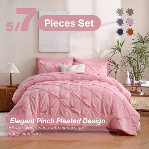 5/7pcs Pintuck Bed In A Bag Comforter Sets, Pinch Pleat Complete Bedding Sets with Comforter, Sheets & Pillowcases, Queen/King Size, All Season