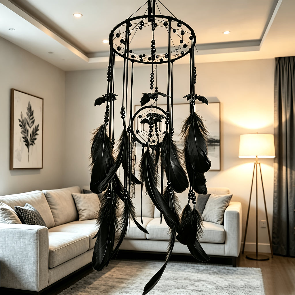 Gothic Bat Dreamcatcher Boho Wall Hanging – Spooky Halloween Decor with Handmade Bat Accents, Black Feathers & Spider Web Fiber for Bedroom, Dorm & Halloween Gift for Kids & Goth Lovers