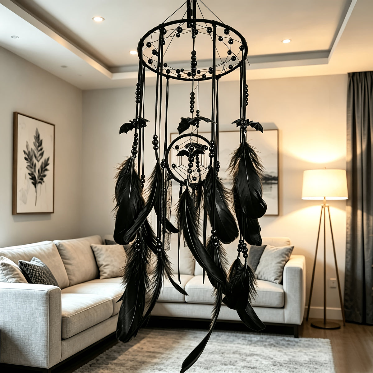 Gothic Bat Dreamcatcher Boho Wall Hanging – Spooky Halloween Decor with Handmade Bat Accents, Black Feathers & Spider Web Fiber for Bedroom, Dorm & Halloween Gift for Kids & Goth Lovers