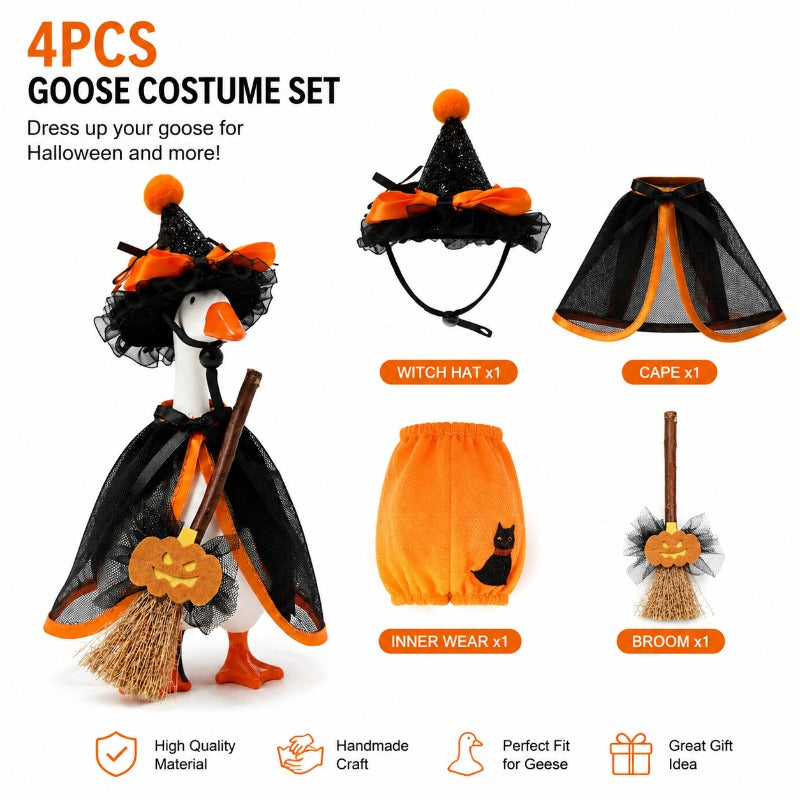 Witch Goose Dress-Up Set 4 Piece – 7-Inch Halloween Goose Statue Costume with Black Mesh Cape, Hat, Lining & Pumpkin Broom | Tabletop Goose Decor Outfit for Indoor & Porch Decoration