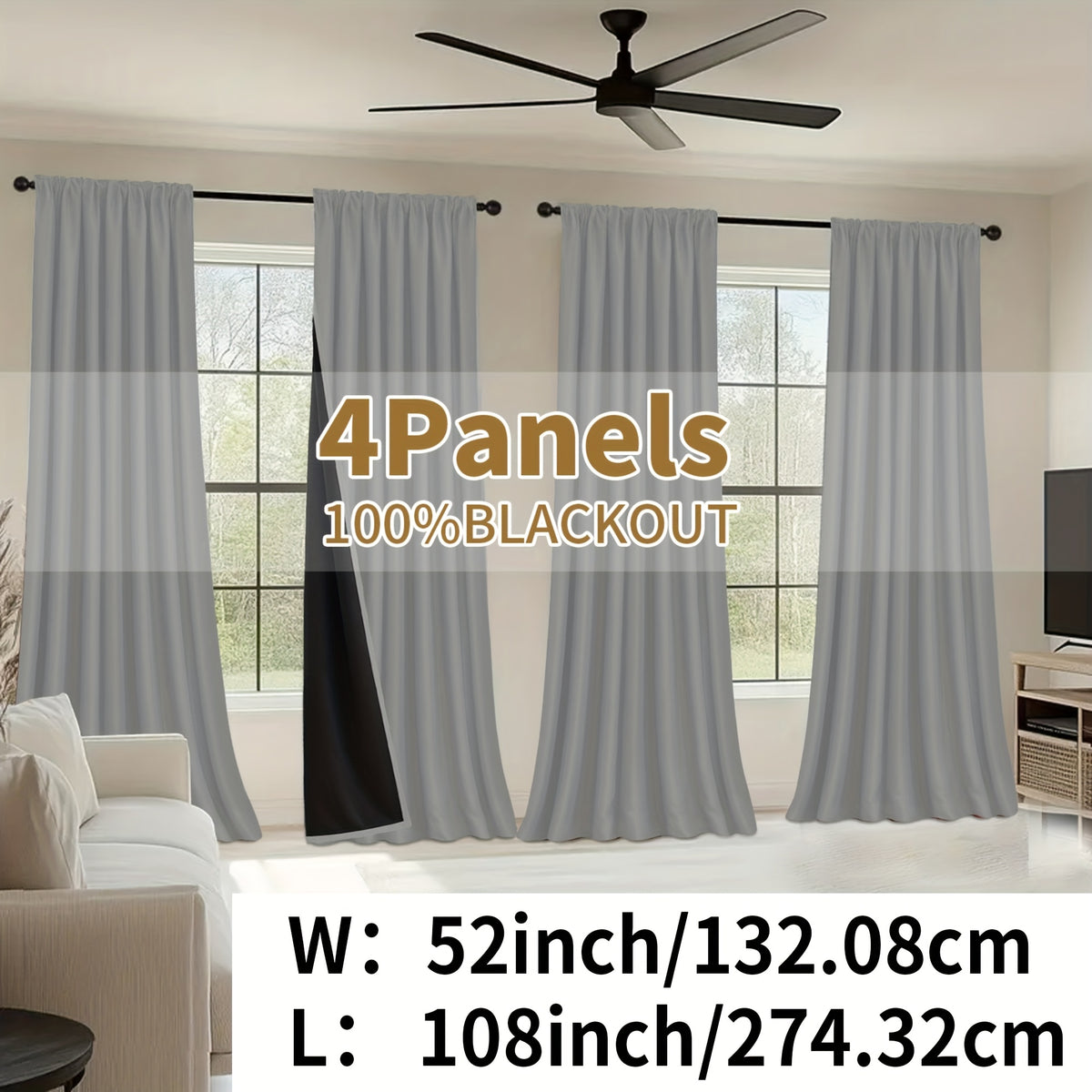 Blackout Curtains Rod Pocket 4 Panels - Thermal Insulated Room Darkening Noise Reducing Matte Drapes for Bedroom Living Room Office, 9 Colors 11 Sizes