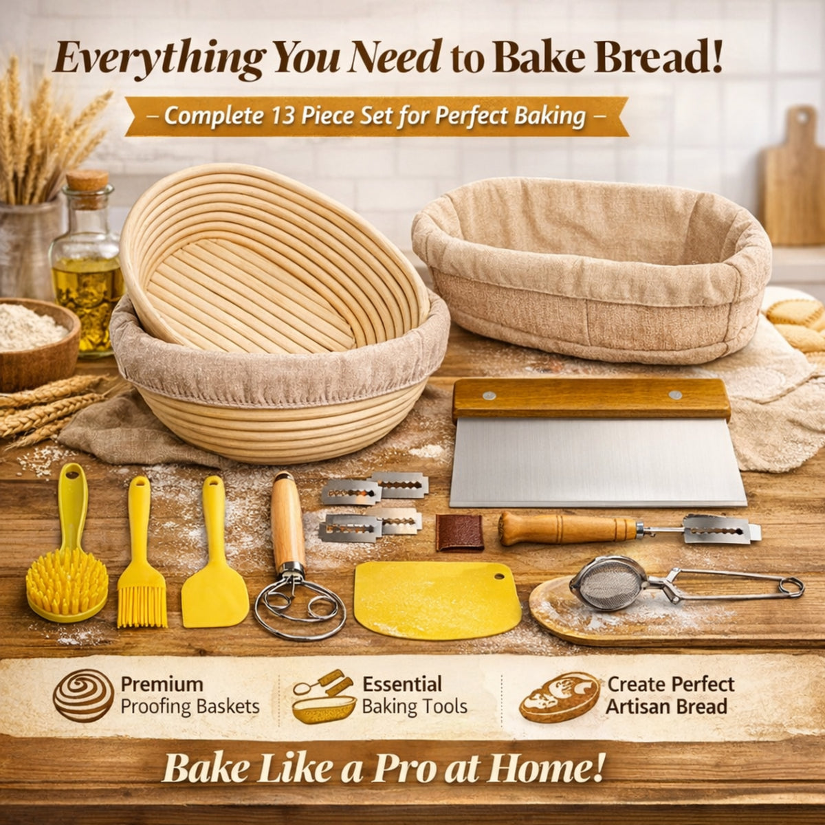 Sourdough Bread Baking Supplies Kit – Banneton Proofing Baskets (10" Round & 9" Oval), Danish Dough Whisk, Bread Lame, Dough Scrapers, Cooking Brush & Basket Liners – Complete Starter Bread Making Set Gift
