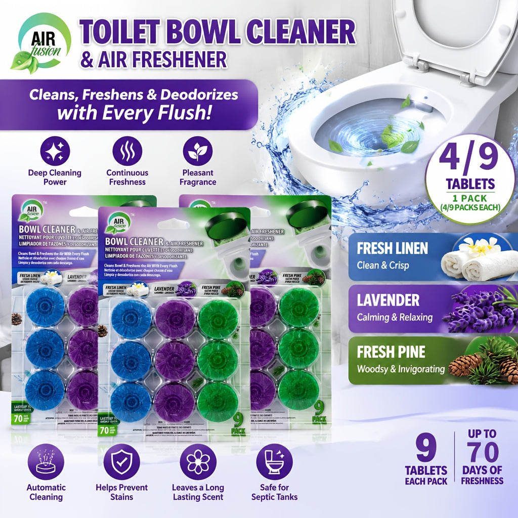 Scented Toilet Cleaner Tablets 27-Pack – Automatic Deodorizing Toilet Tablets for Yellow Stain & Odor Removal, 4 Scents: Fresh Linen, Lavender, Pine & Mix, Deep Cleaning Toilet Deodorant