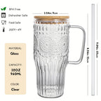 32oz Vintage Glass Cup with Handle Bamboo Lid and Straw | Borosilicate Sunflower Tumbler for Hot Cold Drinks Iced Coffee Juice