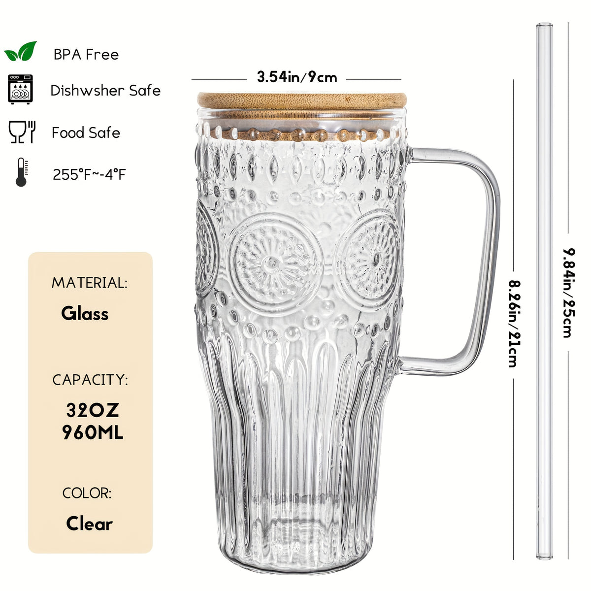 32oz Vintage Glass Cup with Handle Bamboo Lid and Straw | Borosilicate Sunflower Tumbler for Hot Cold Drinks Iced Coffee Juice