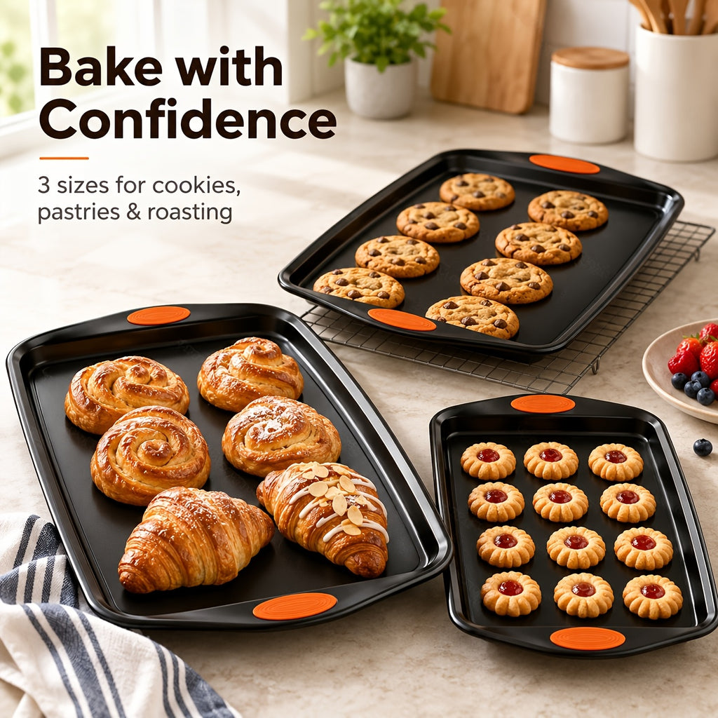 Baking Sheet Pan Set of 3 Heavy Duty Cookie Sheets - Diamond Texture Commercial Grade Steel 13/15/18 Inch, 0.8mm Thick Oven Pans for Baking Cookies, Roasting, Sheet Cake, with Oven Gloves Option