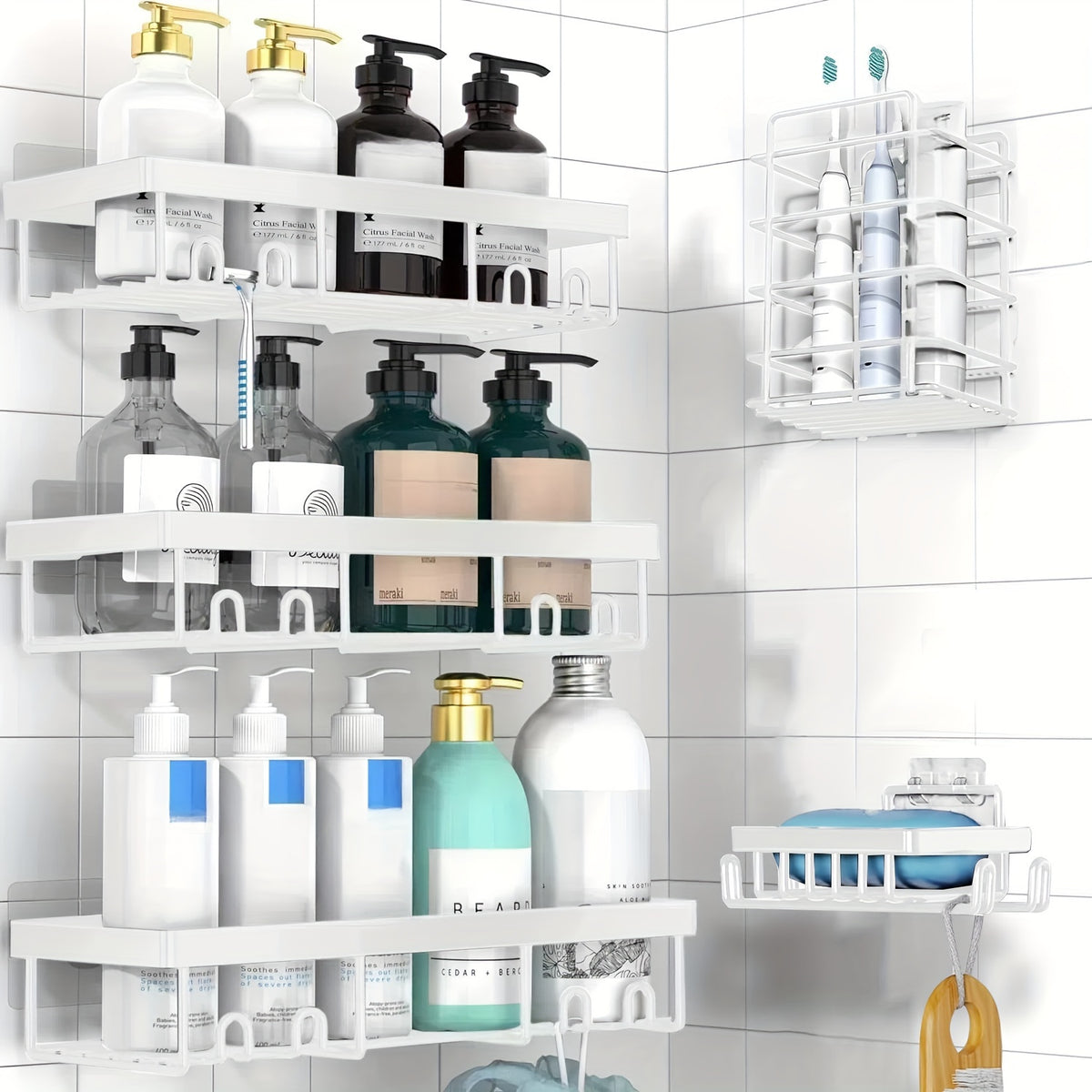Shower Caddy 5 Pack Self-Adhesive Stainless Steel Shower Organizer Shelf - No Drilling Wall Mounted Bathroom Storage Rack, Large Capacity Rustproof Shower Basket - 10 Color Options