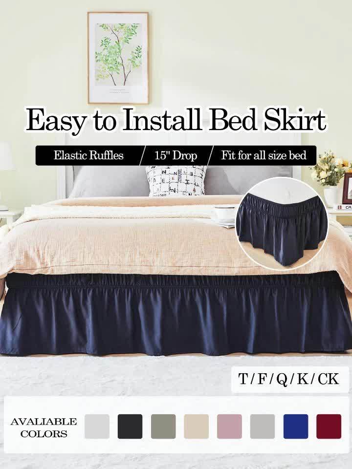 Elastic Wrap Around Bed Skirt No-Lift, 15 Inch Drop Microfiber Dust Ruffle, 30 Fade-Resistant Colors, Machine Washable, Twin Full Queen King Size