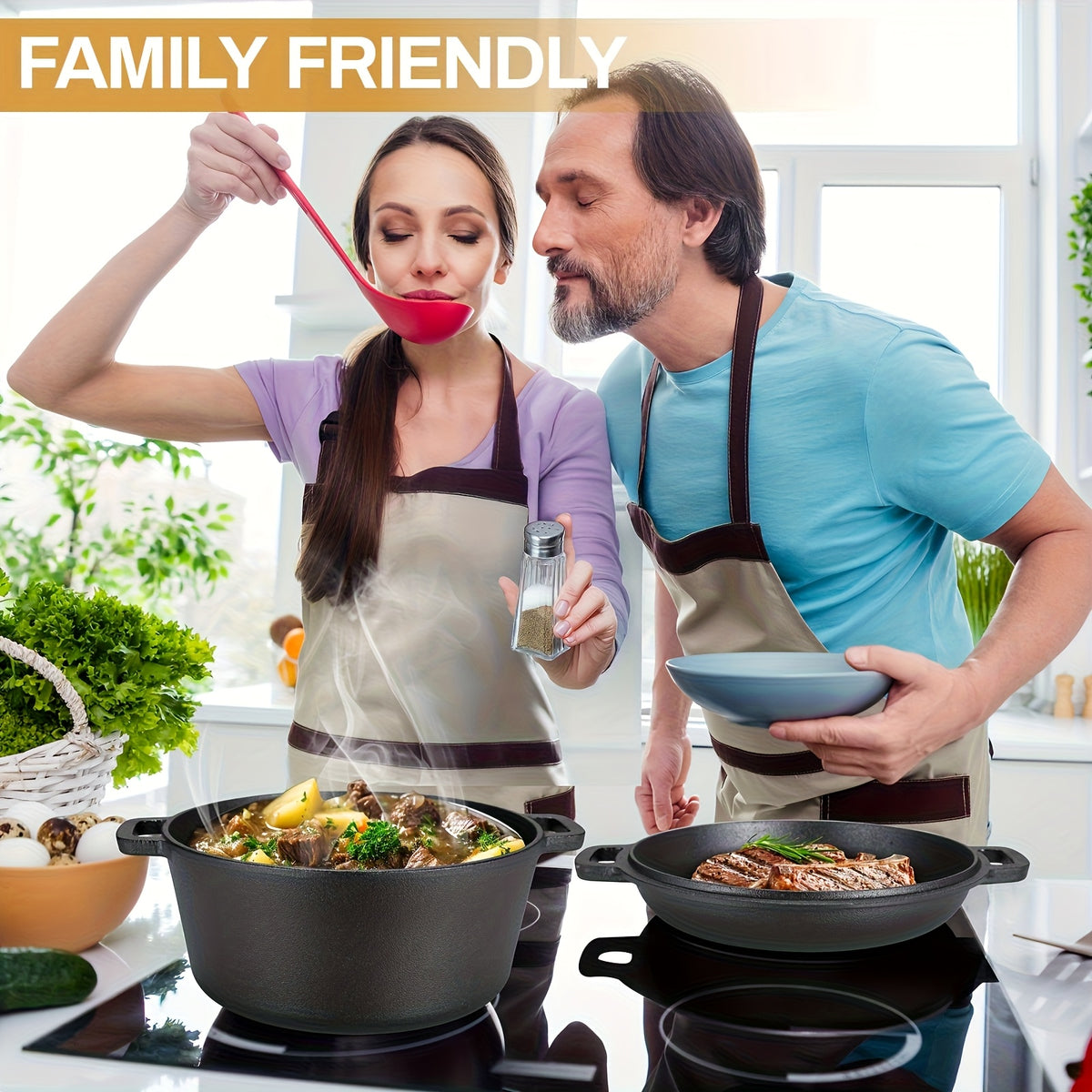 Cast Iron Dutch Oven Set 2-in-1 5.1QT Dutch Oven and 1.9QT Skillet Lid with Accessories Induction Oven Campfire Safe Holiday Cooking Kit for Soups Stews Baking Frying Camping BBQ
