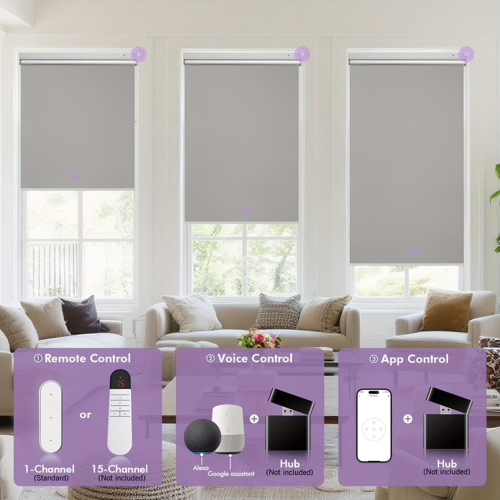 Solar Powered Electric Roller Blind Remote Controlled Blackout Shade | Smart Motorized Window Blind Silver-Back Polyester for Home Office, 20 Width Options, White Grey Black