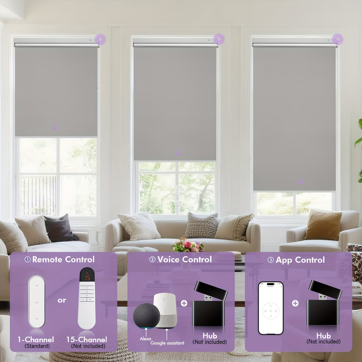 Solar Powered Electric Roller Blind Remote Controlled Blackout Shade | Smart Motorized Window Blind Silver-Back Polyester for Home Office, 20 Width Options, White Grey Black