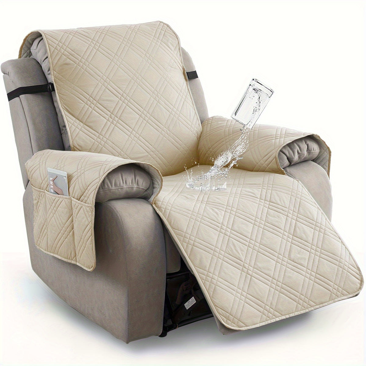 Waterproof Recliner Cover Pet Scratch-Resistant, 5-Layer Quilted Non-Slip Recliner Chair Slipcover with Pocket & Elastic Straps, Easy-Care Polyester Furniture Protector for Living Room, Bedroom & Office, Coffee/Gray