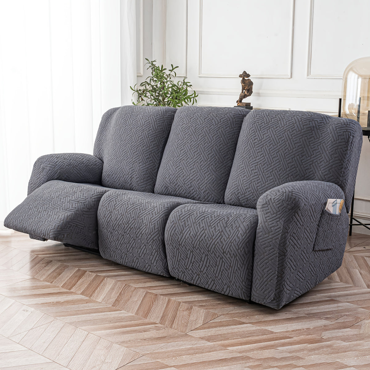 8-Piece Recliner Slipcover Set for 3-Seat Sofa – Flexible Soft Slide Sleeve Furniture Protector with Pocket, Stretch Couch Cover for Living Room, Office & Sofa Chair